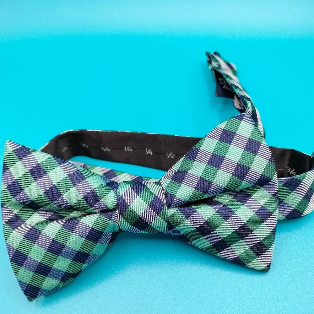 Saddlebred Silk Blend Bowtie Blue Green Teal Checks Plaid Adjustable Classic B